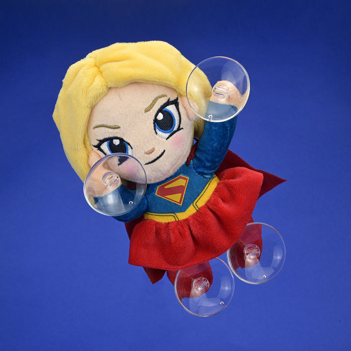 Supergirl plush window clinger featuring Supergirl in her iconic costume, designed for decorating windows and surfaces.