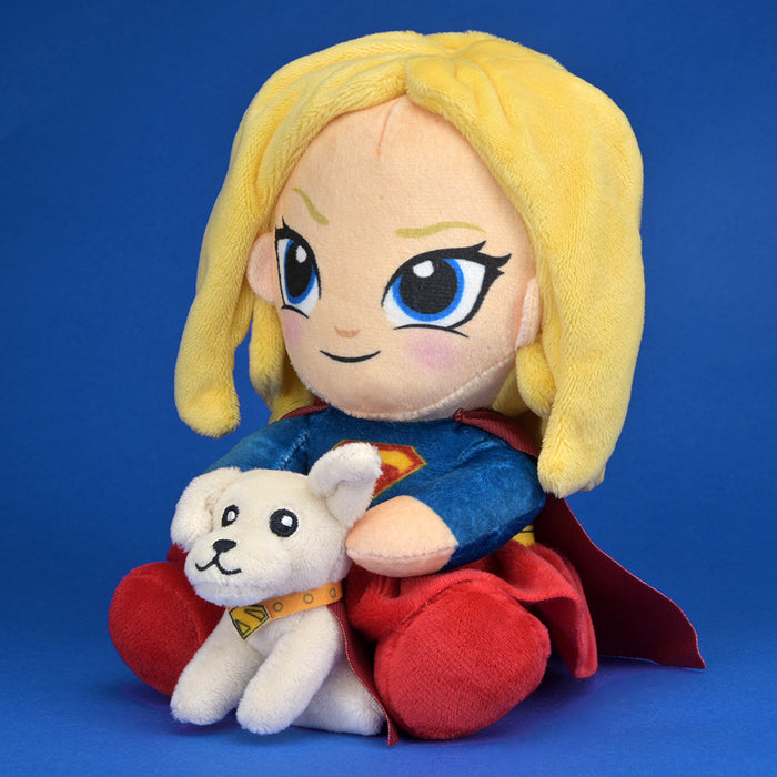 Supergirl plush toy with Krypto, featuring Supergirl branding, soft fabric, and detailed superhero costume.