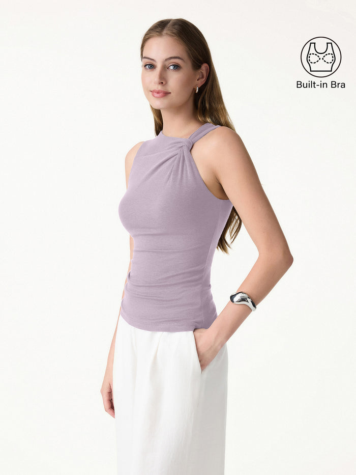 Sweat-Wicking Asymmetrical Neck Knotted Bra Tank