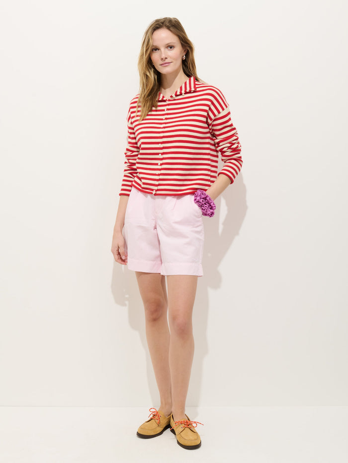 Taylor Striped Cardigan in Cotton Cashmere - Ivory Red