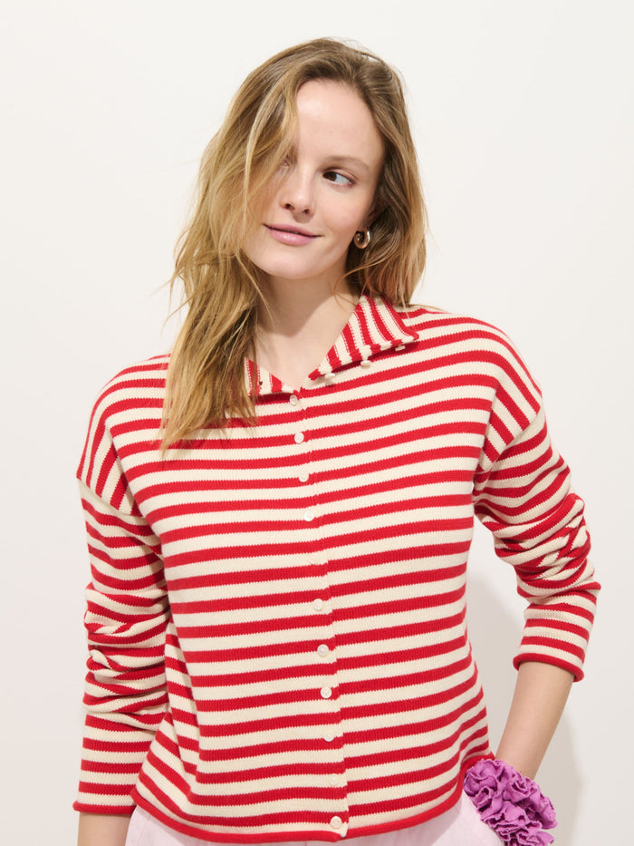 Taylor Striped Cardigan in Cotton Cashmere - Ivory Red