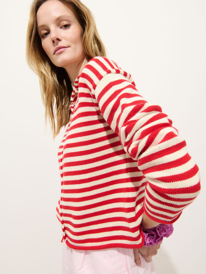 Taylor Striped Cardigan in Cotton Cashmere - Ivory Red