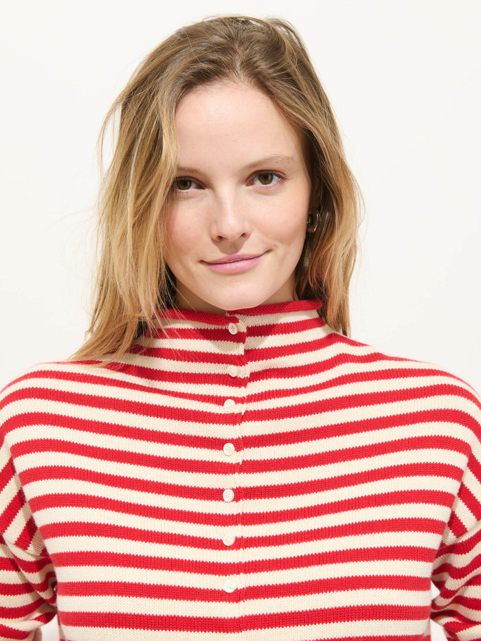 Taylor Striped Cardigan in Cotton Cashmere - Ivory Red