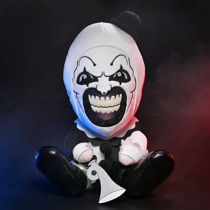 Large Art the Clown plush from Terrifier 3 featuring detailed stitching and soft fabric, perfect for fans of the horror franchise.