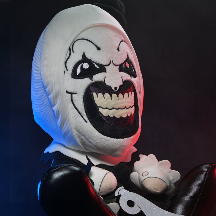 Large plush of Art the Clown from Terrifier 3 by Terrifier, featuring detailed clown costume and menacing expression.