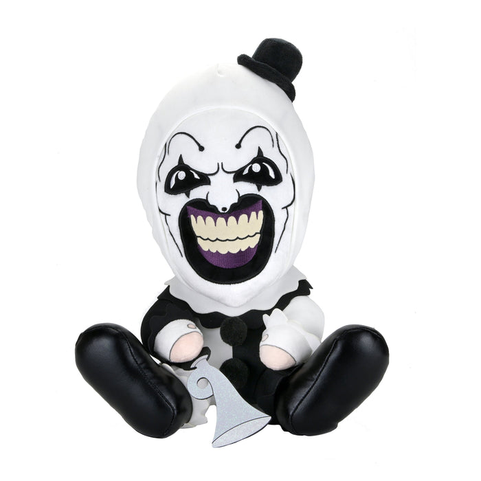 Large plush of Art the Clown from Terrifier 3, soft and detailed plush toy featuring the iconic horror character.