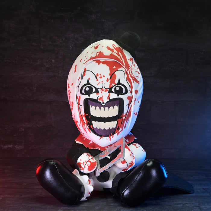 Large Bloody Art the Clown plush from Terrifier 3, soft and detailed plush toy featuring the iconic horror character.