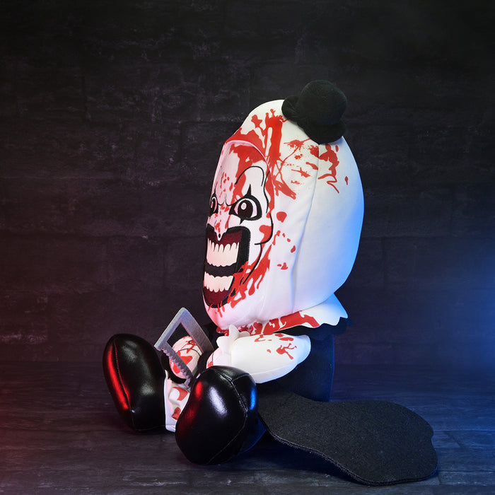 Large Bloody Art the Clown plush from Terrifier 3 featuring detailed horror-themed design and soft fabric, perfect for collectors.