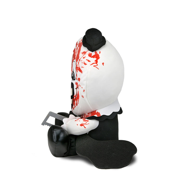 Large Bloody Art the Clown plush from Terrifier 3 featuring detailed horror-themed design and soft fabric for collectors.