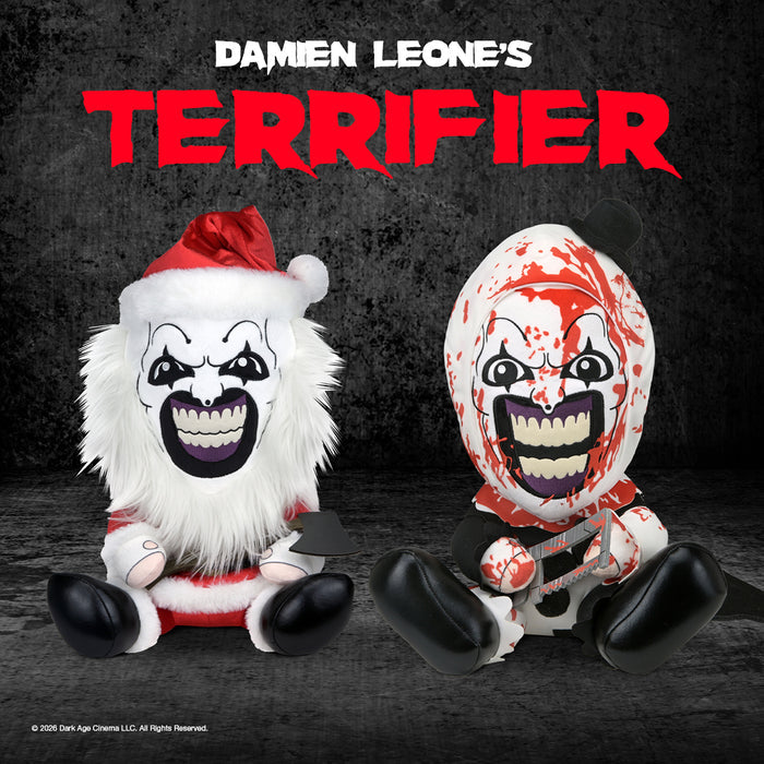 Terrifier brand plush bundle featuring Art the Clown in a bloody and Santa suit, large soft collectible plush toy.