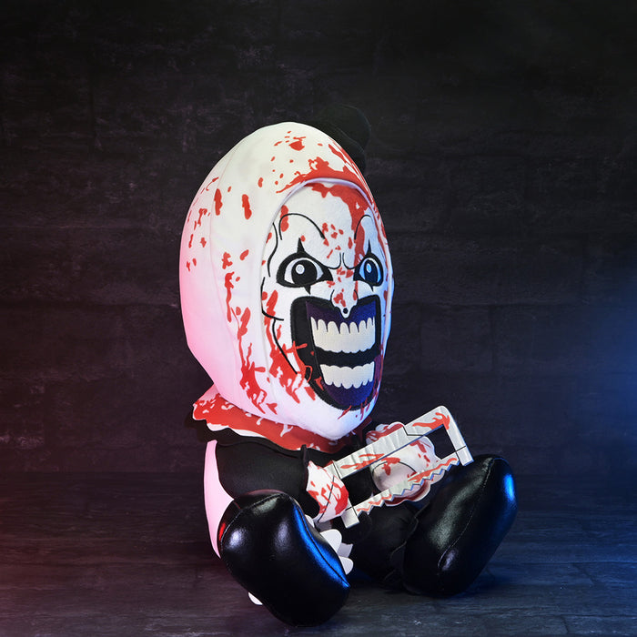 Large Bloody Art the Clown plush from Terrifier 3 featuring detailed horror-themed design and soft fabric, perfect for horror fans.