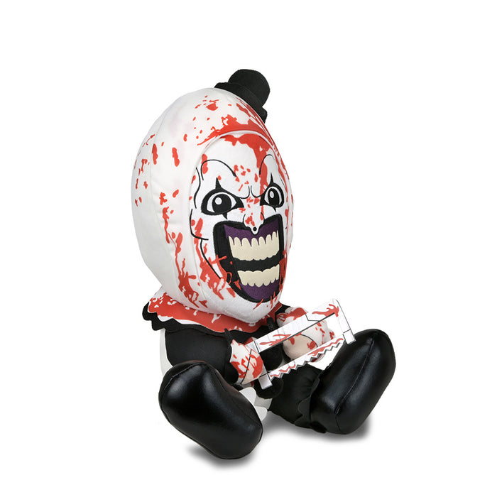 Large Bloody Art the Clown plush from Terrifier 3 featuring detailed horror-themed design and soft plush material.