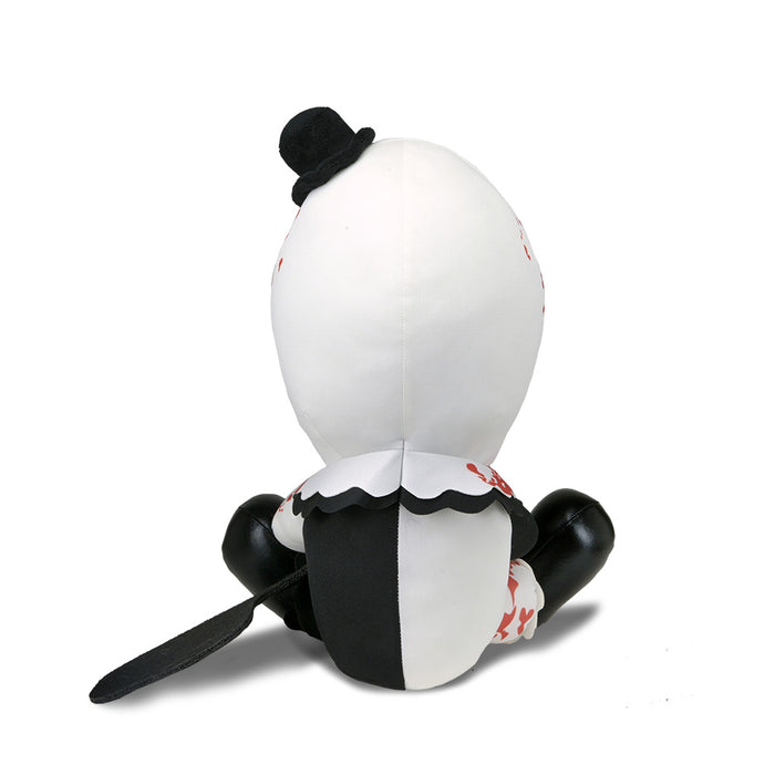 Large bloody Art the Clown plush from Terrifier 3 featuring detailed horror-themed design and soft plush material.
