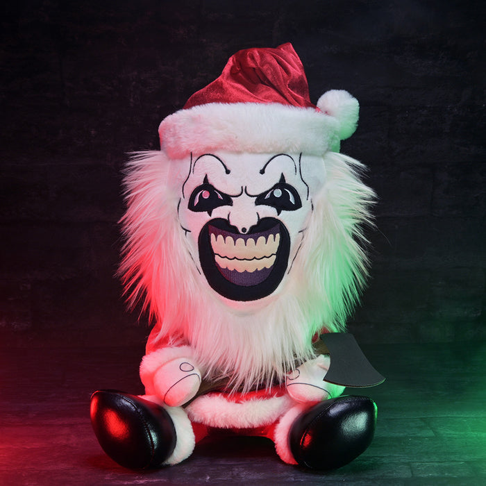 Large plush Santa suit featuring Art the Clown from Terrifier 3, soft and detailed for collectors and fans.