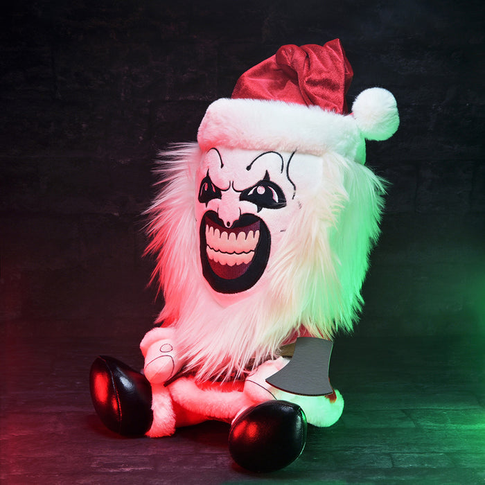 Large plush Santa suit featuring Art the Clown from Terrifier 3, soft and detailed, perfect for collectors or holiday decor.