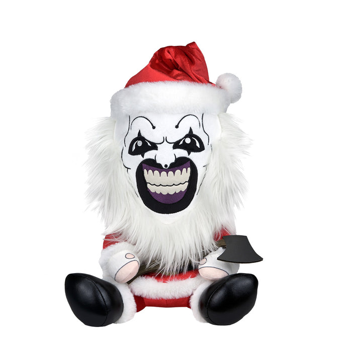 Large plush Santa suit featuring Art the Clown from Terrifier 3, soft and detailed plush toy for fans of the horror character.