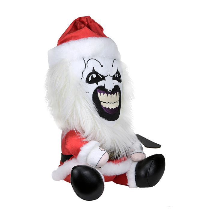 Large plush Santa suit featuring Art the Clown from Terrifier 3, soft and detailed, perfect for fans and collectors.