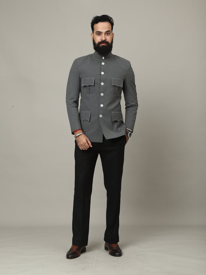 The Maharaja Charcoal 4 Pocket Bandhgala with Signature Pocket Detailing