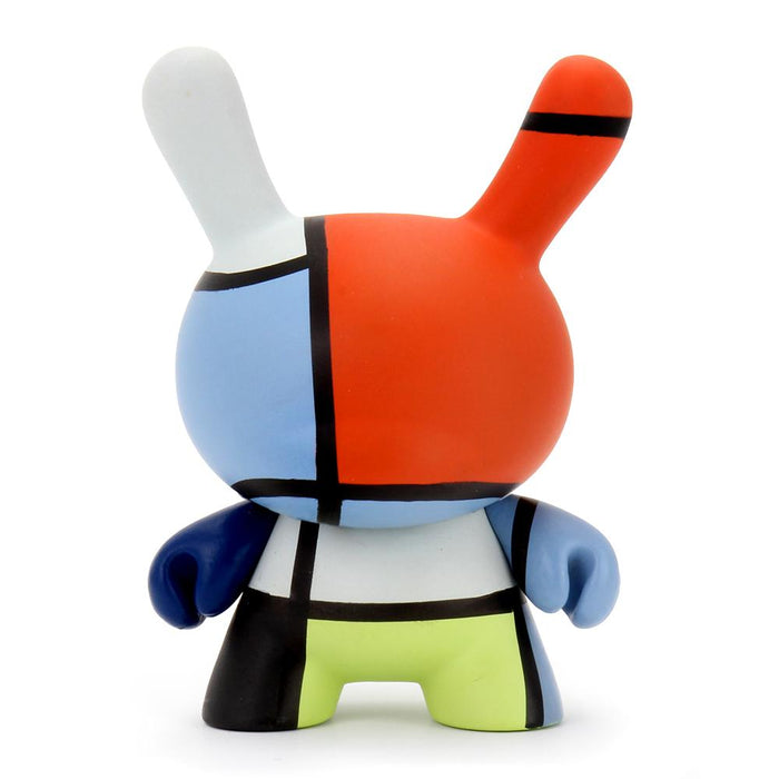 The Met 3-Inch Showpiece Dunny featuring Mondrian-style geometric patterns in vibrant primary colors.