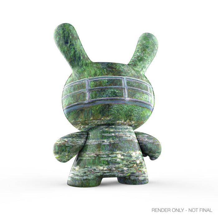 The Met 3-inch vinyl Dunny art by Claude Monet featuring a bridge over a pond with water lilies, detailed and colorful.
