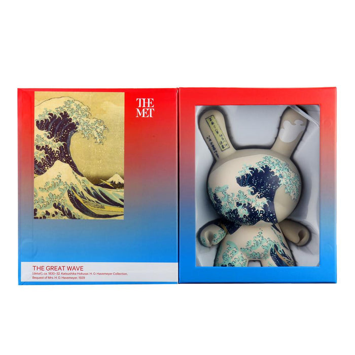 8-inch Dunny figure by The Met featuring Hokusai's Great Wave design, collectible art toy with intricate wave details.