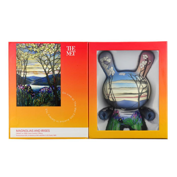 8-inch The Met Masterpiece Dunny featuring Louis C. Tiffany-inspired magnolias and irises with intricate floral details.