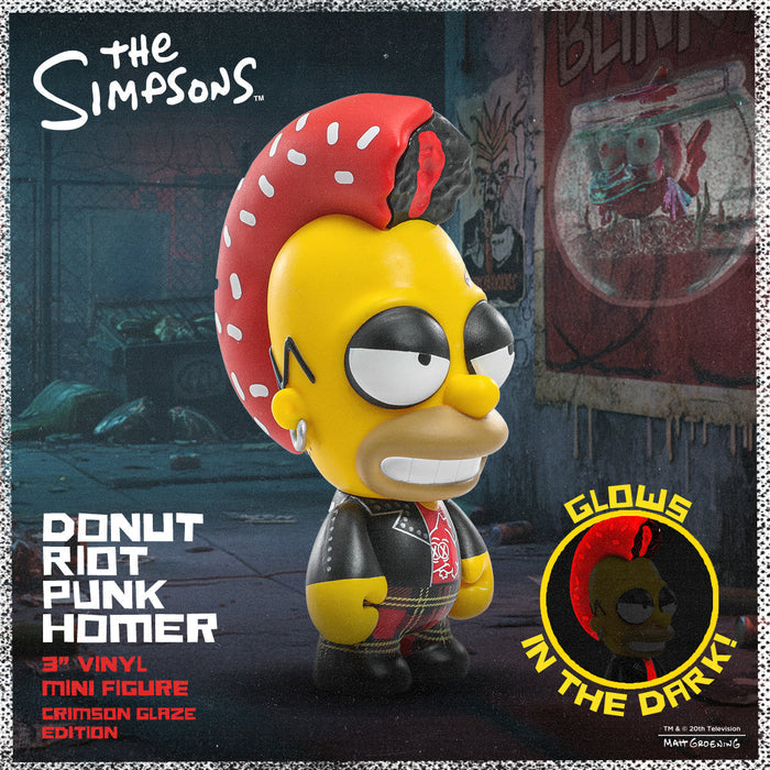 Limited edition Donut Riot Punk Homer mini figure from The Simpsons, Crimson Glaze vinyl collectible, exclusive Kidrobot design.