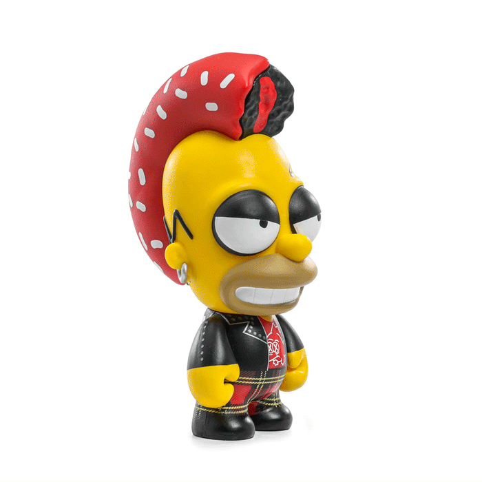 The Simpsons Donut Riot Punk Homer 3-inch vinyl mini figure in Crimson Glaze Edition, featuring Homer with punk style and donut accessories