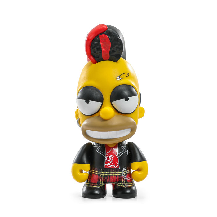 The Simpsons Donut Riot Punk Homer 3-inch vinyl mini figure in crimson glaze edition, featuring Homer with punk style and donut accessories.