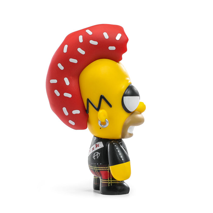 The Simpsons Donut Riot Punk Homer 3-inch vinyl mini figure in crimson glaze edition, limited collectible with detailed character design.