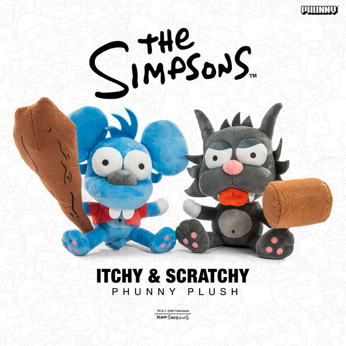 Interactive Itchy and Scratchy plush toys from The Simpsons, featuring detailed character designs and soft, cuddly textures.