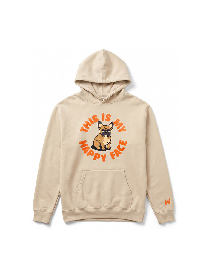 Beige This Is My Happy Face Frenchie Hoodie from WOOF, front view of the print
