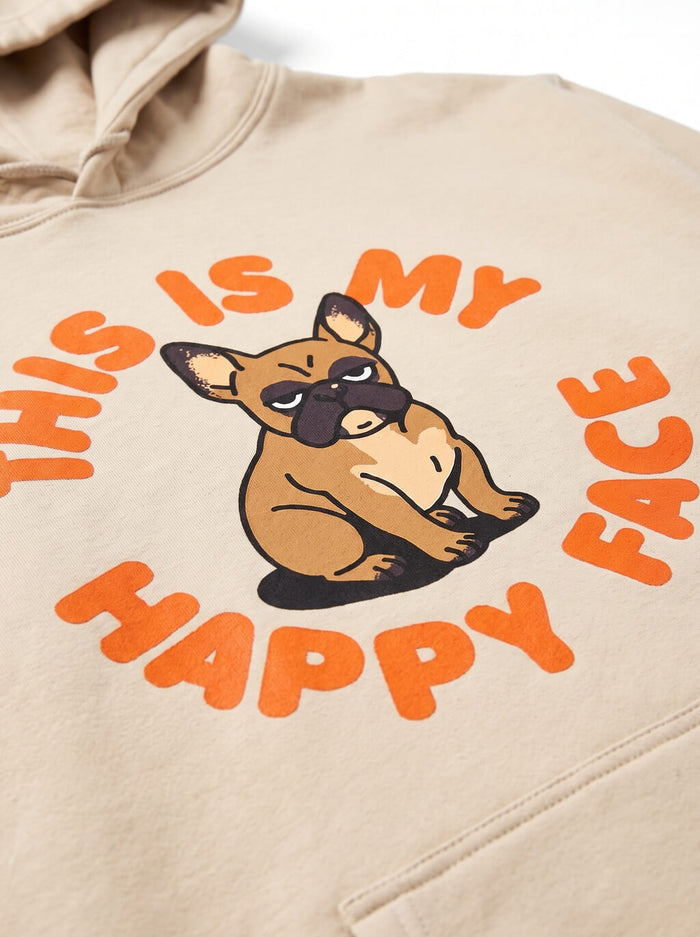 Close up of the french bulldog print on the beige hoodie from WOOF