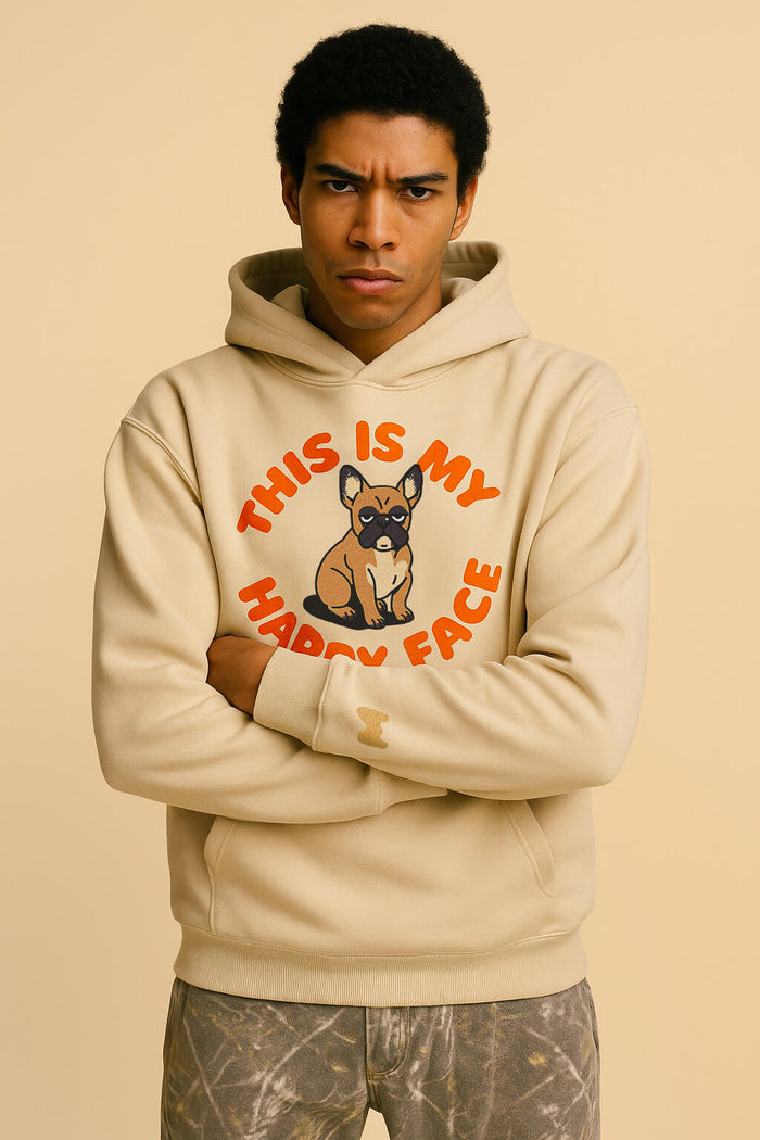 This Is My Happy Face Frenchie Hoodie from WOOF, front view of the hood and pocket