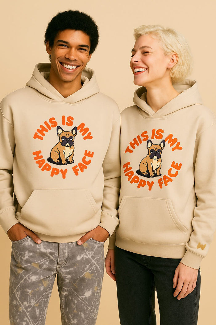 This Is My Happy Face Frenchie Hoodie from WOOF, front view with the french bulldog print