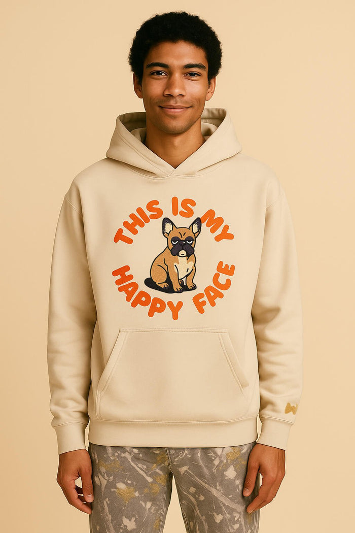 This Is My Happy Face Frenchie Hoodie from WOOF on a plain background
