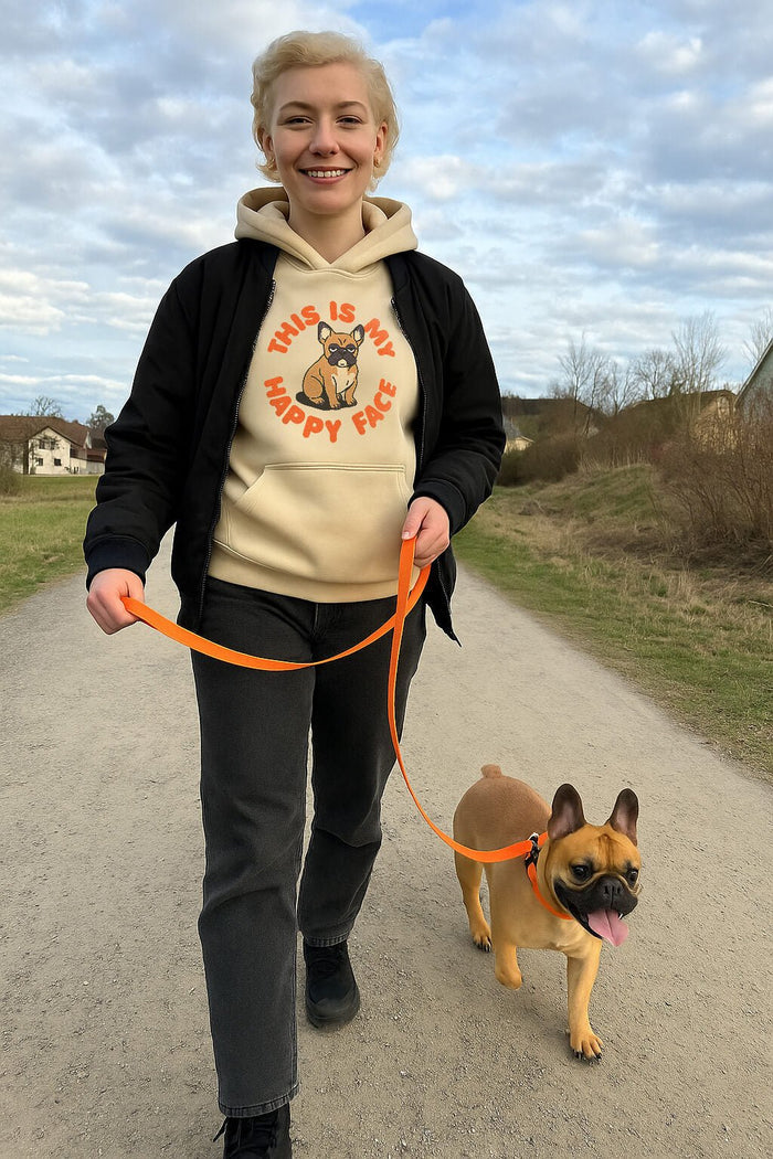 Model wearing the This Is My Happy Face Frenchie Hoodie from WOOF