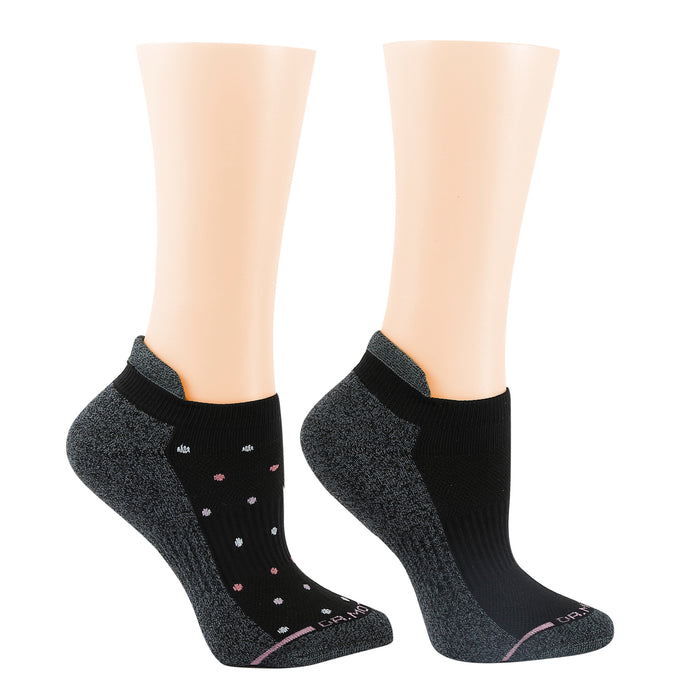 Ankle compression socks in black with tri-color dot patterns, designed for women.