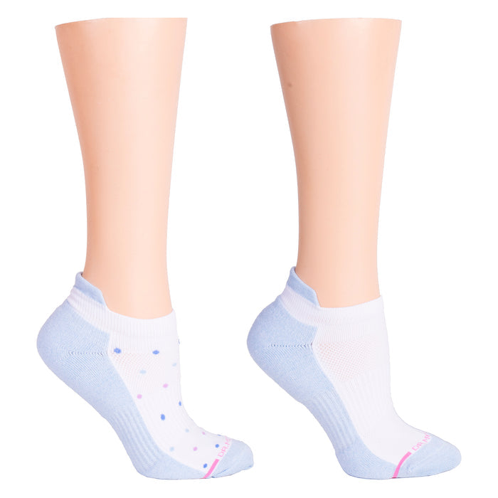 Ankle compression socks in blue and white with multicolored dots and a pink accent.
