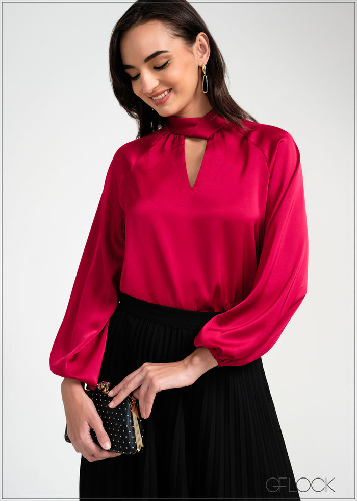 Twist Neck Detail Balloon Sleeve Top - 050925