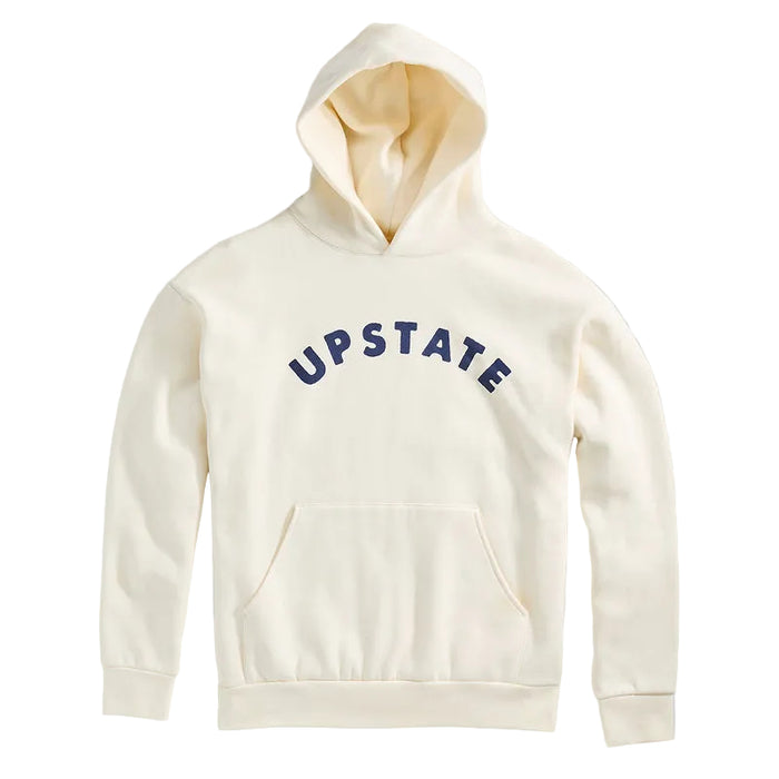 Cream-colored hoodie with 'UPSTATE' text on a gray background