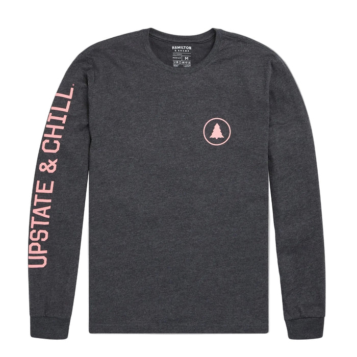 Gray long-sleeve shirt with pink text and logo on a gray background