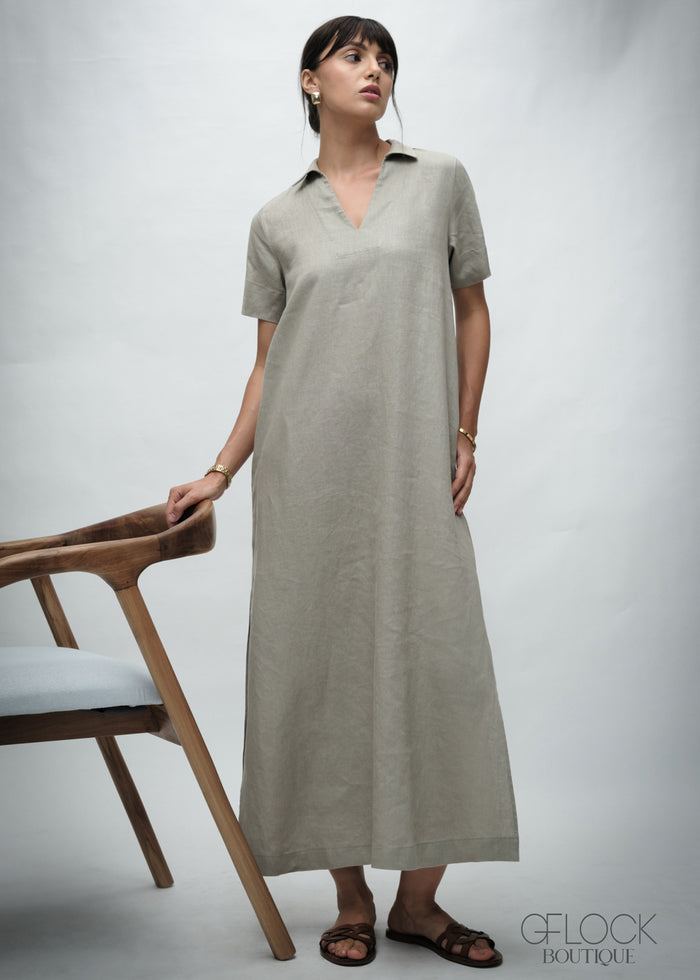 V-Neck Collared Maxi Dress - 030426