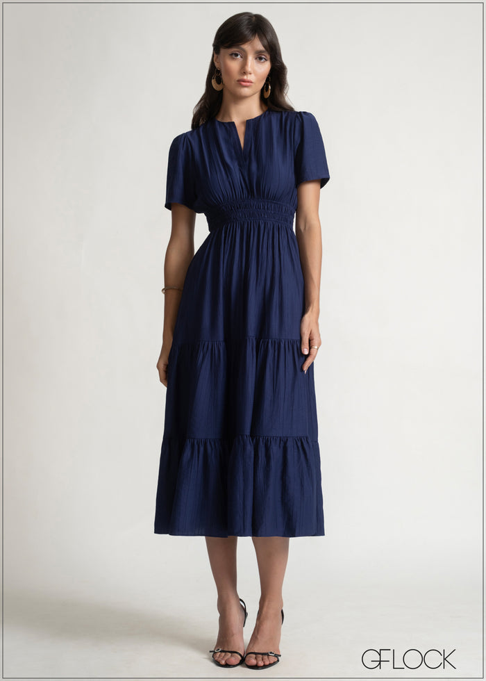 V-Neck Gathered Tiered Dress - 150526
