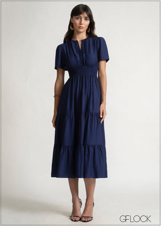 V-Neck Gathered Tiered Dress - 150526