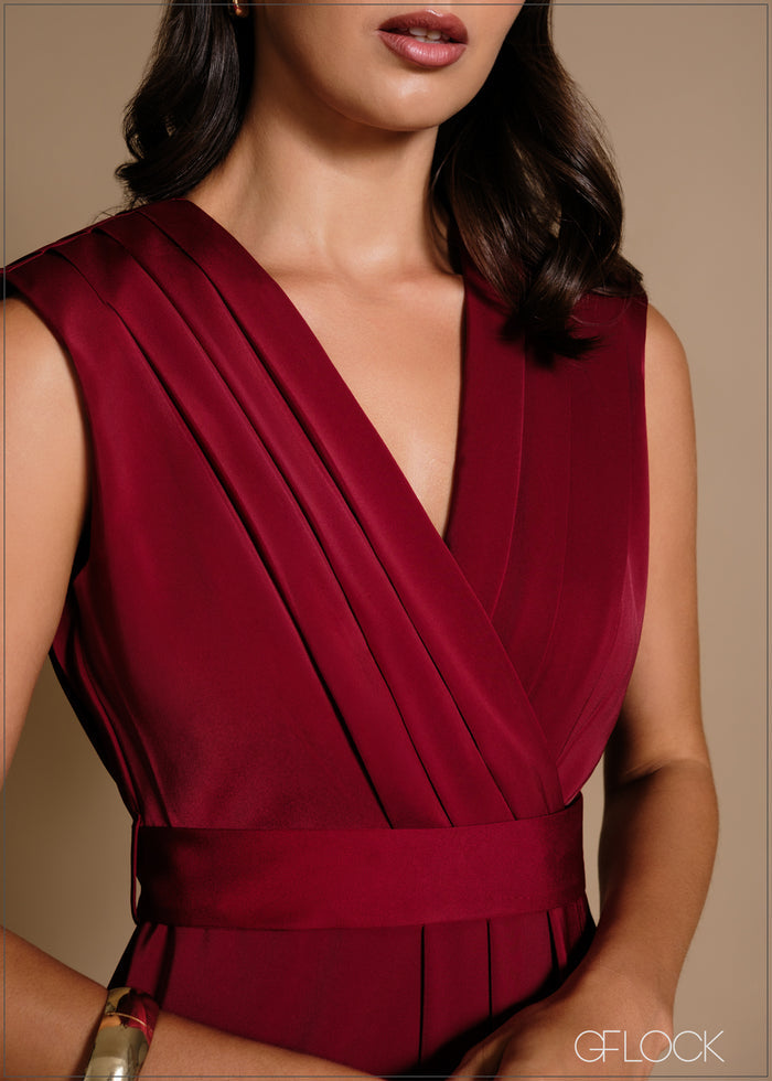 Petal hem v neck pleat detail midi dress