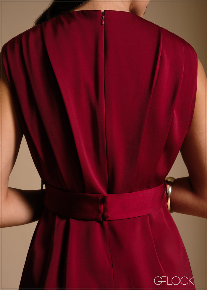 V-Neck Pleat Detail Midi Dress - 240426