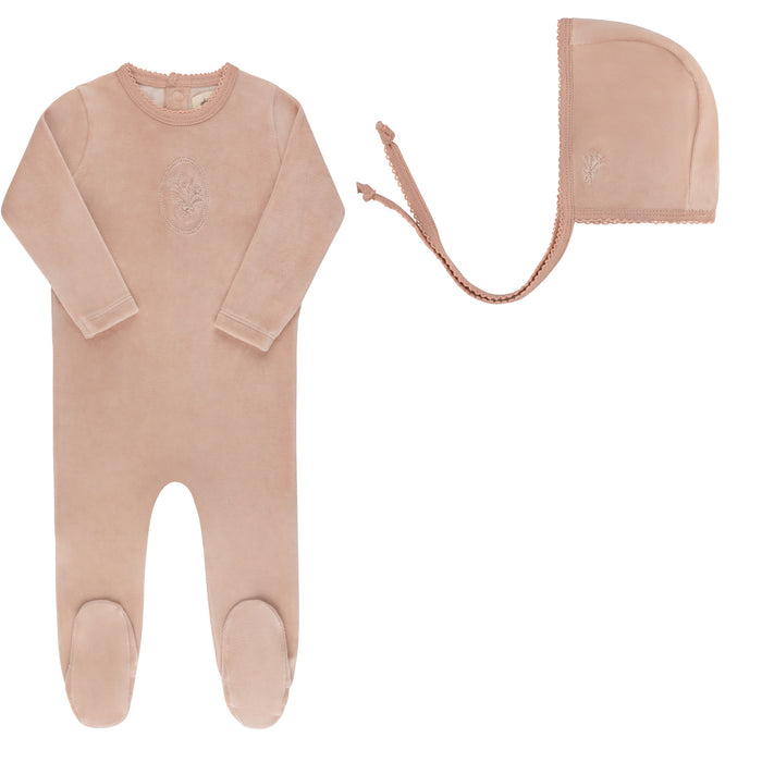 Velour Center Floral Collection - Footie + Bonnet