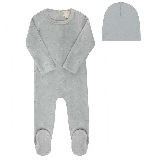 Velour Embroidered Floral Collection - Footie + Beanie