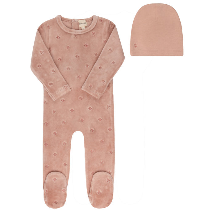 Velour Embroidered Floral Collection - Footie + Beanie
